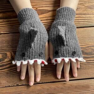 Knit Crochet Warm Unique Novelty Light Grey w/ Shark Fin Fingerless Gloves